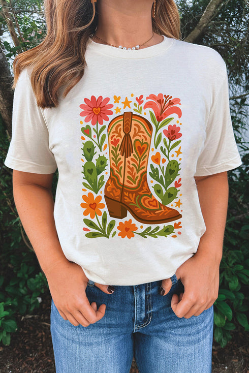 Western Boots Floral Print Short Sleeve Graphic Tee