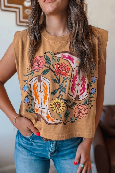 Western Boots Floral Print Sleeveless Loose Graphic Tank Top
