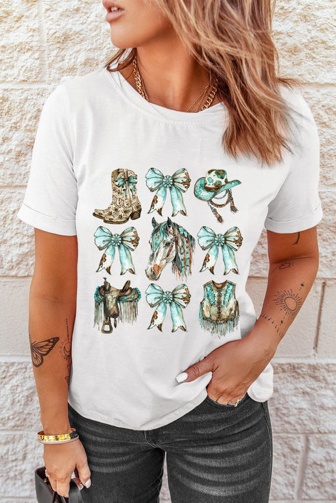 Western Bowknot Horse Graphic Print Crewneck Short Sleeve Tee