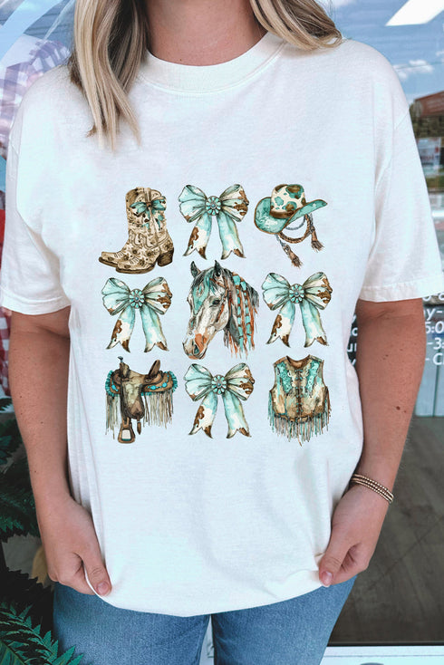 Western Bowknot Horse Graphic Print Crewneck Short Sleeve Tee