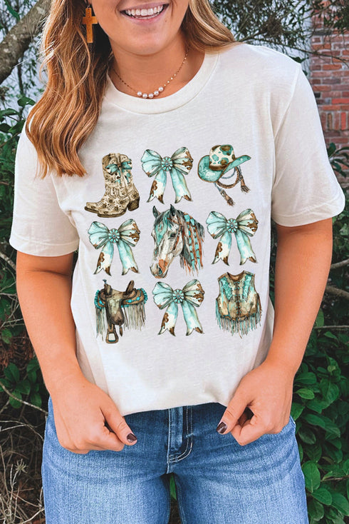 Western Bowknot Horse Graphic Print Crewneck Short Sleeve Tee
