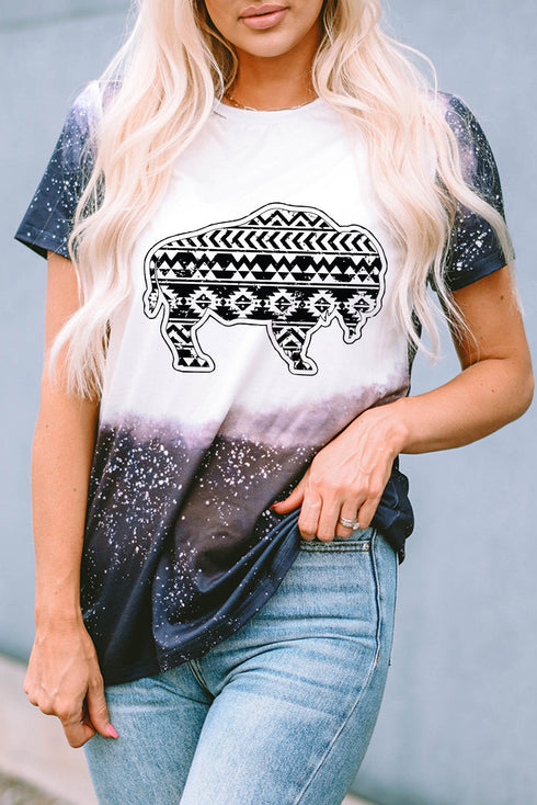 Western Buffalo Aztec Graphic Bleached Print Short Sleeve Tee