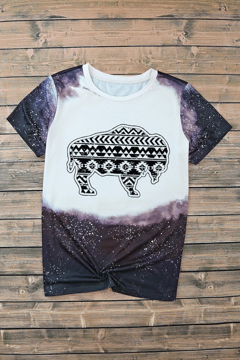 Western Buffalo Aztec Graphic Bleached Print Short Sleeve Tee