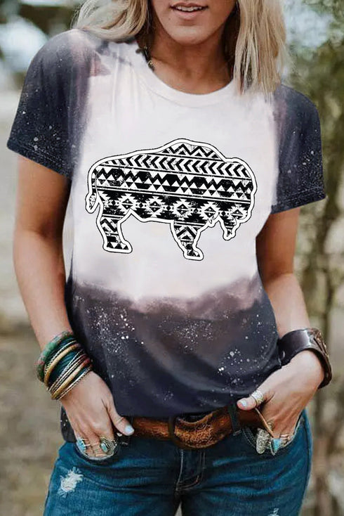 Western Buffalo Aztec Graphic Bleached Print Short Sleeve Tee