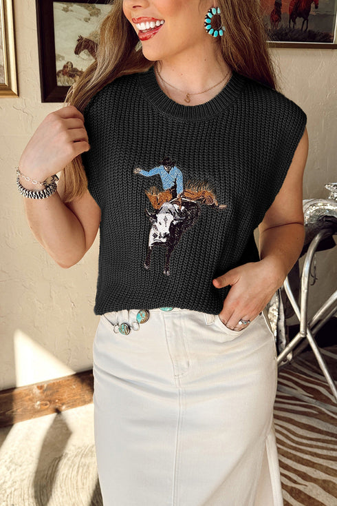 Western Bull Rider Graphic Sleeveless Knit Sweater Vest