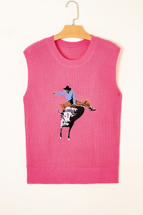 Western Bull Rider Graphic Sleeveless Knit Sweater Vest