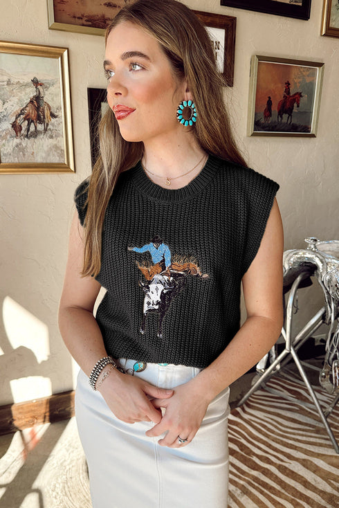 Western Bull Rider Graphic Sleeveless Knit Sweater Vest
