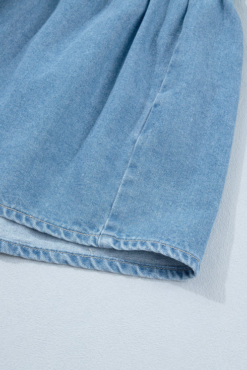 Western Button Down Puff Sleeve Patchwork Denim Mini Dress