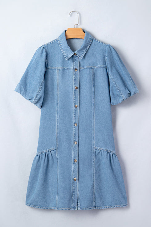 Western Button Down Puff Sleeve Patchwork Denim Mini Dress