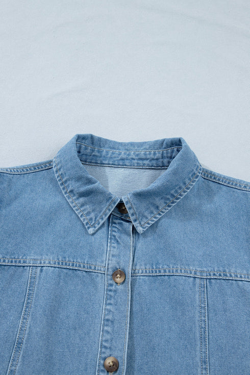 Western Button Down Puff Sleeve Patchwork Denim Mini Dress