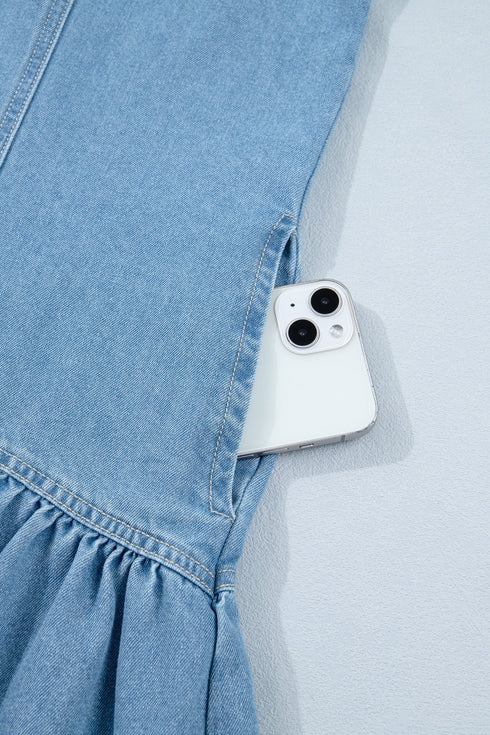 Western Button Down Puff Sleeve Patchwork Denim Mini Dress