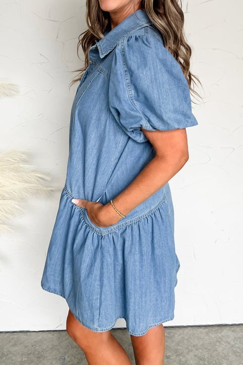Western Button Down Puff Sleeve Patchwork Denim Mini Dress