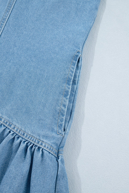 Western Button Down Puff Sleeve Patchwork Denim Mini Dress