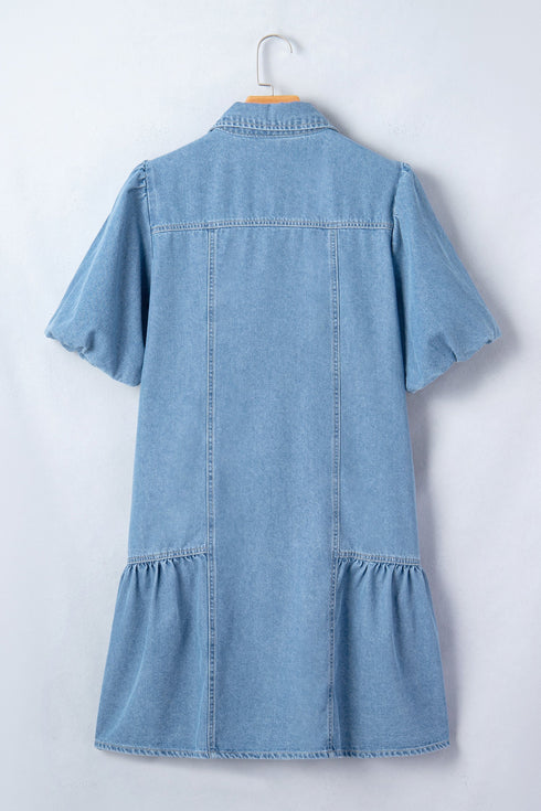 Western Button Down Puff Sleeve Patchwork Denim Mini Dress