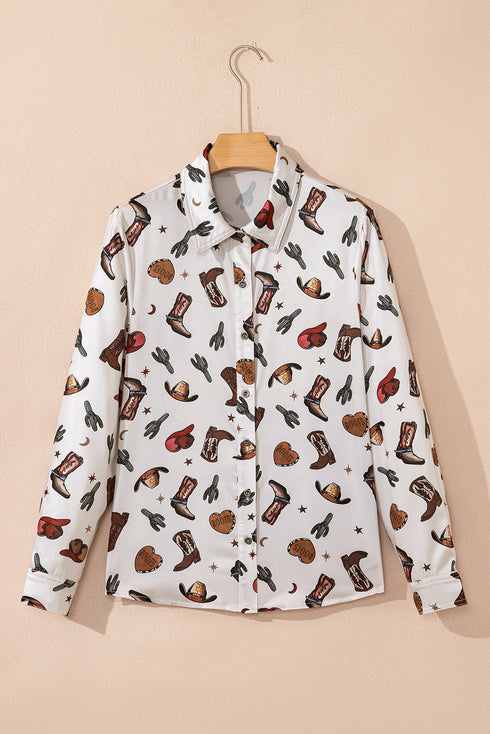Western Cacti And Boot Print Button Up Shirt