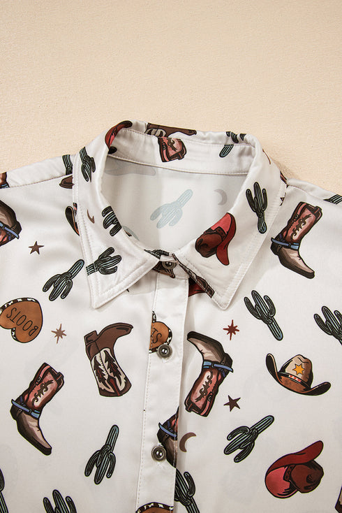 Western Cacti And Boot Print Button Up Shirt