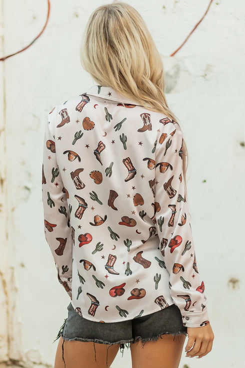 Western Cacti And Boot Print Button Up Shirt