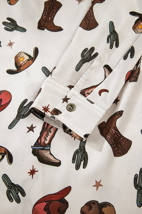Western Cacti And Boot Print Button Up Shirt