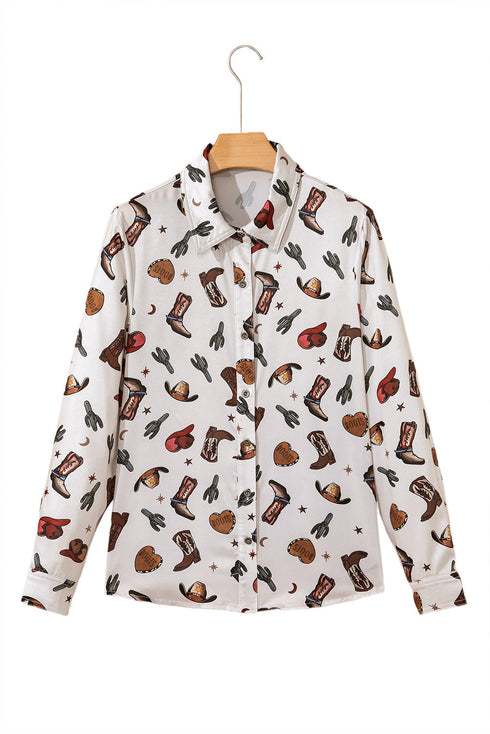 Western Cacti And Boot Print Button Up Shirt