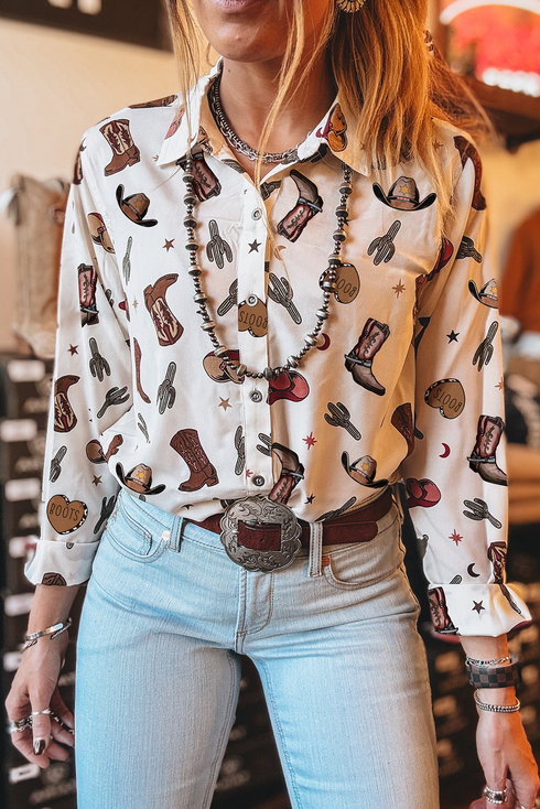 Western Cacti And Boot Print Button Up Shirt