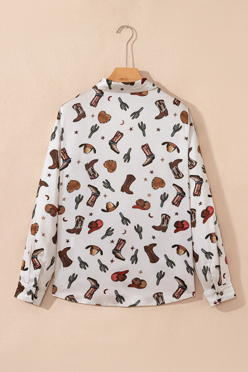 Western Cacti And Boot Print Button Up Shirt