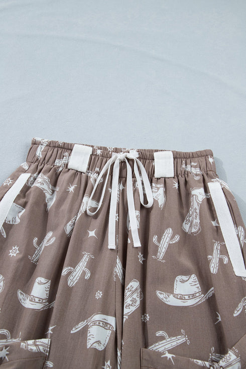Western Cactus Cowgirl Hat Boot Print Drawstring Jogger Pants