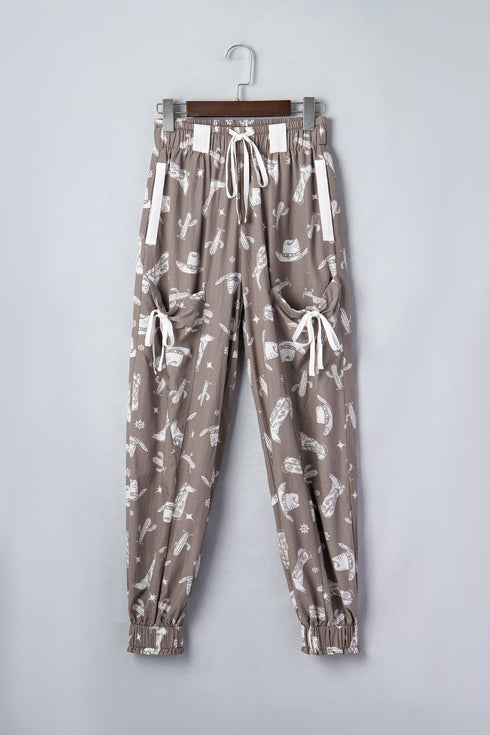 Western Cactus Cowgirl Hat Boot Print Drawstring Jogger Pants