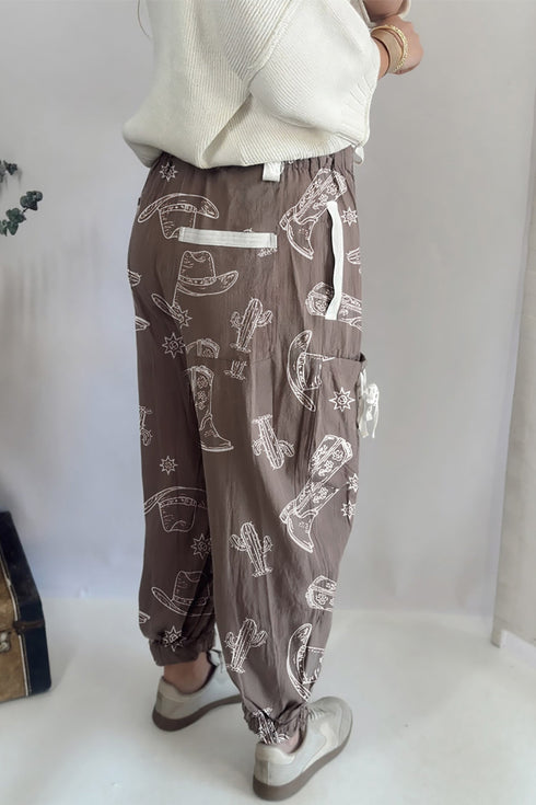 Western Cactus Cowgirl Hat Boot Print Drawstring Jogger Pants