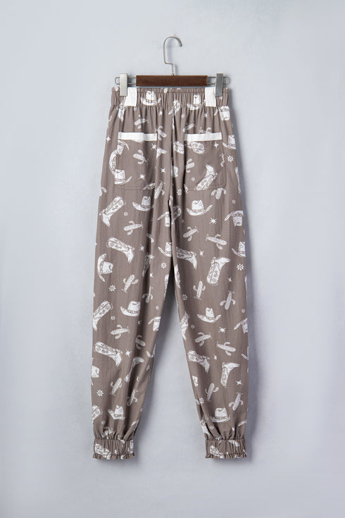 Western Cactus Cowgirl Hat Boot Print Drawstring Jogger Pants