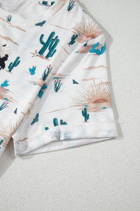 Western Cactus Graphic Print Crew Neck Short Sleeve Tee