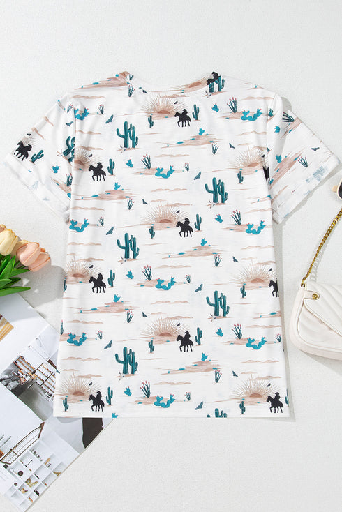 Western Cactus Graphic Print Crew Neck Short Sleeve Tee