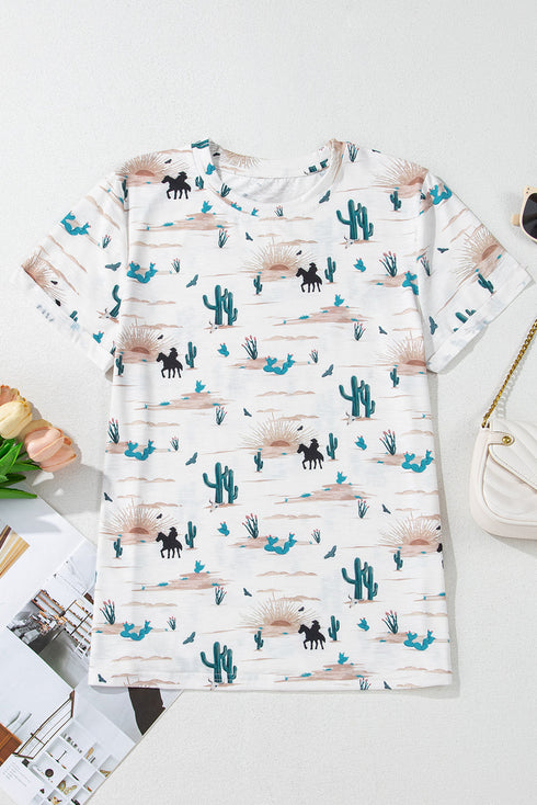Western Cactus Graphic Print Crew Neck Short Sleeve Tee