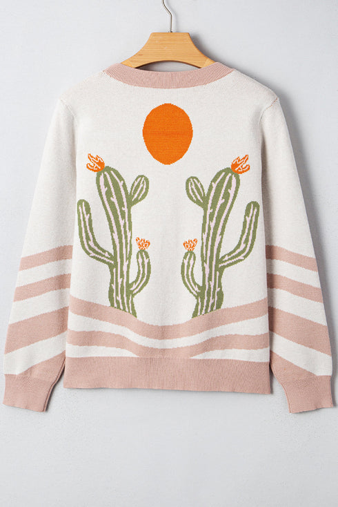 Western Cactus Motif Button Front Knit Cardigan