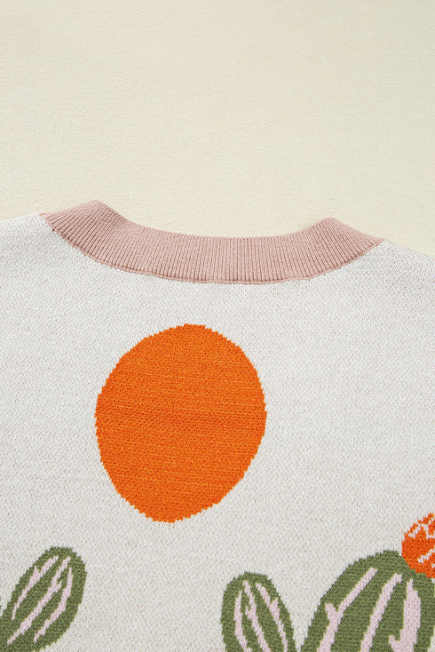 Western Cactus Motif Button Front Knit Cardigan