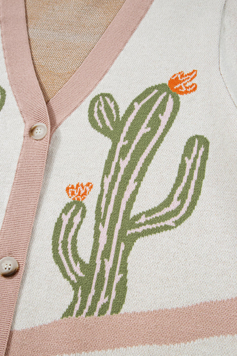 Western Cactus Motif Button Front Knit Cardigan