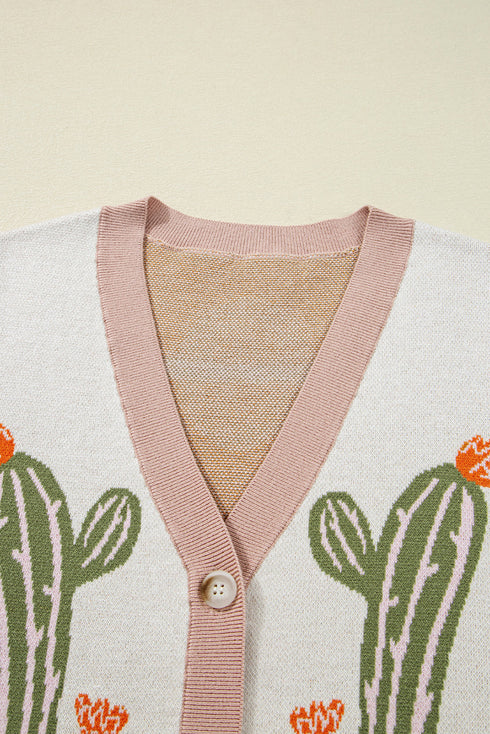 Western Cactus Motif Button Front Knit Cardigan