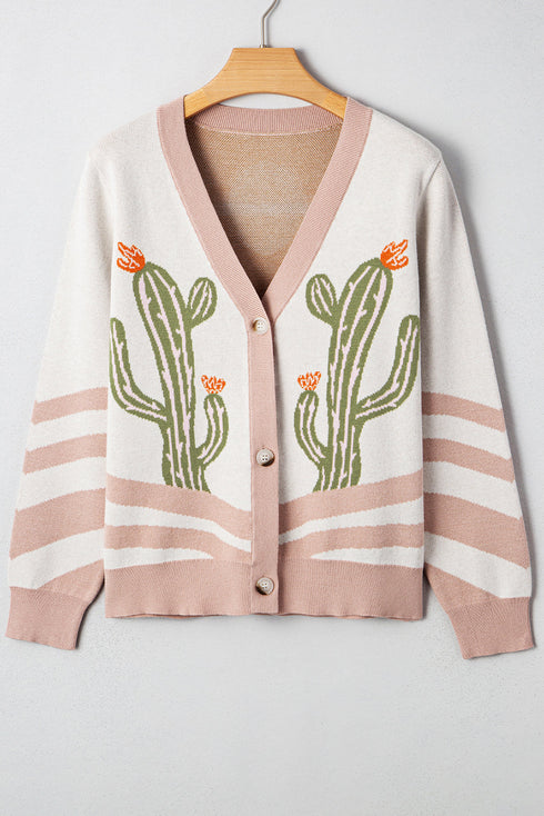 Western Cactus Motif Button Front Knit Cardigan