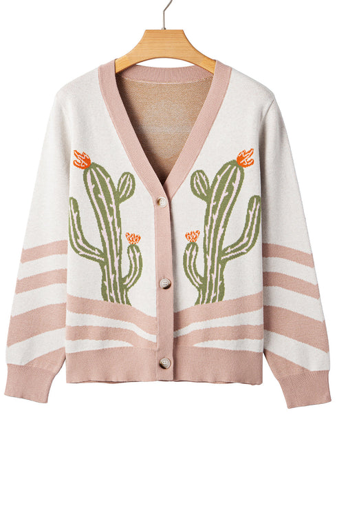 Western Cactus Motif Button Front Knit Cardigan