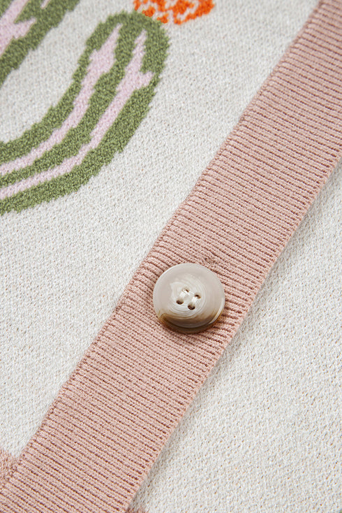 Western Cactus Motif Button Front Knit Cardigan