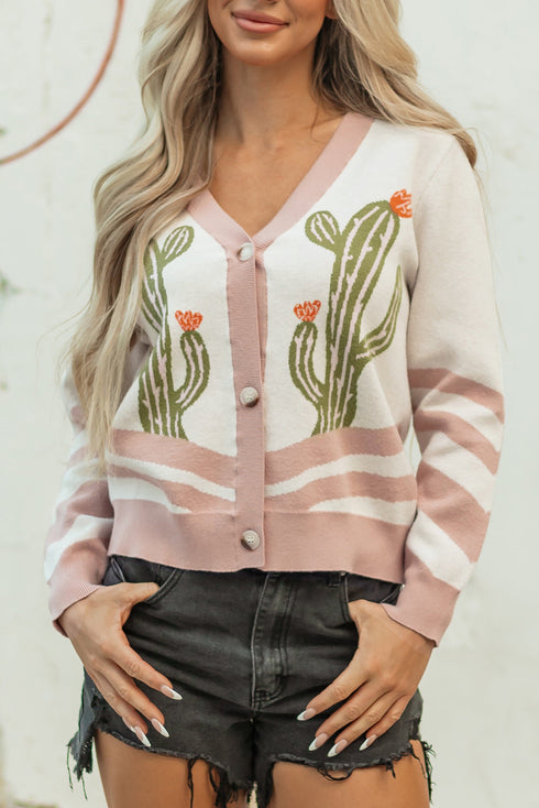 Western Cactus Motif Button Front Knit Cardigan