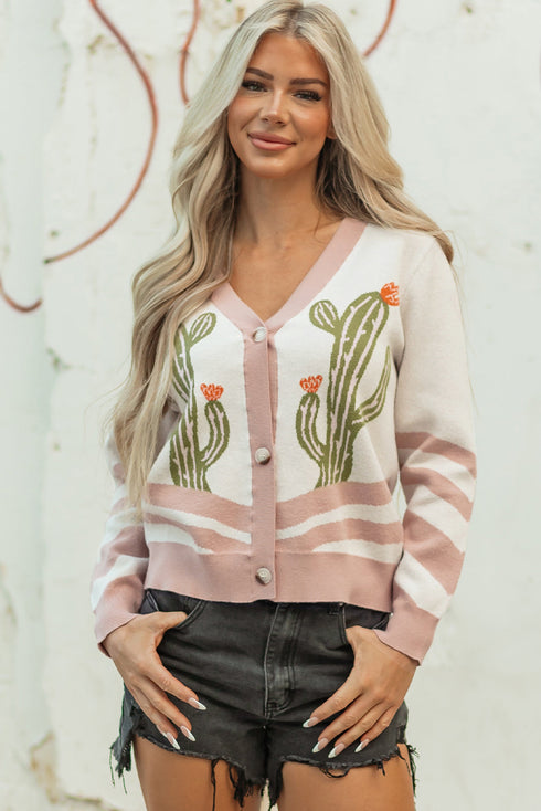 Western Cactus Motif Button Front Knit Cardigan
