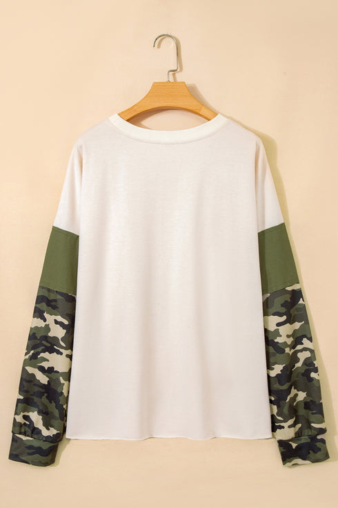 Western Camo Print Patchwork Detail Raw Hem Sweatshirt