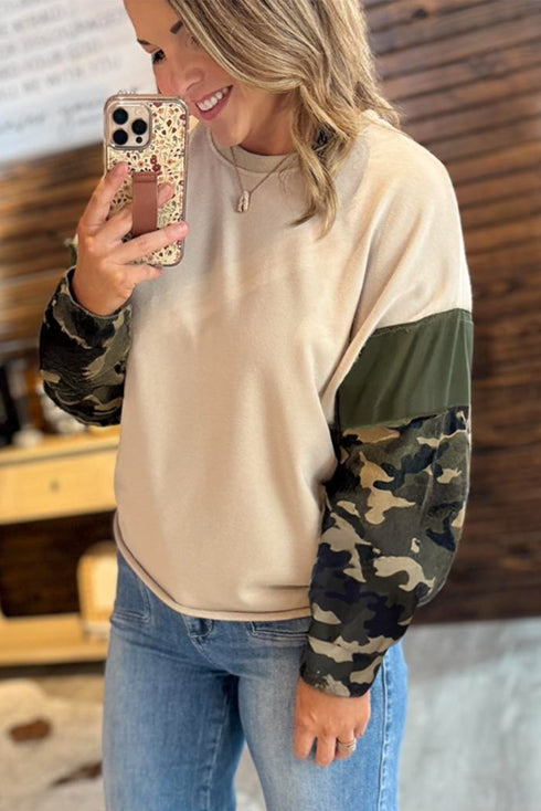Western Camo Print Patchwork Detail Raw Hem Sweatshirt
