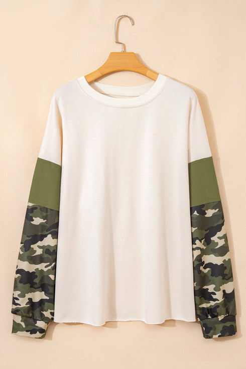 Western Camo Print Patchwork Detail Raw Hem Sweatshirt
