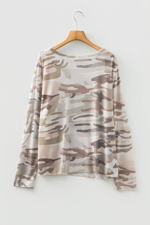 Western Camo Print Sheer Mesh Long Sleeve Top