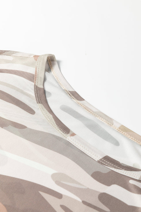 Western Camo Print Sheer Mesh Long Sleeve Top