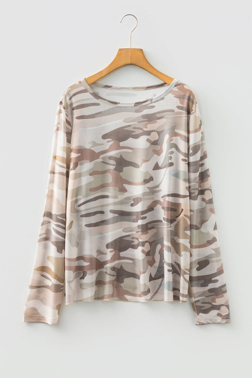Western Camo Print Sheer Mesh Long Sleeve Top