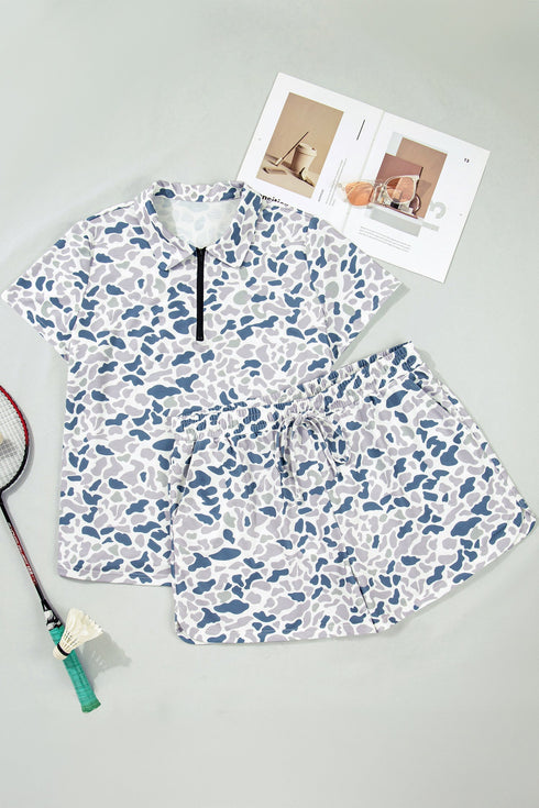 Western Camo Print Zip Up Tee And Short Loungewear Set