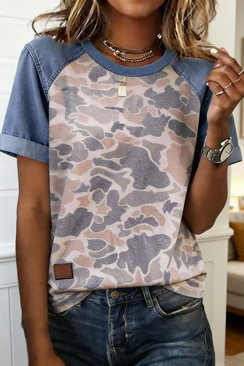 Western Camouflage Print Contrast Denim Sleeve Tee