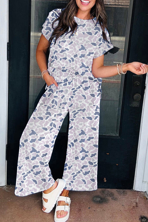 Western Camouflage Print Corded Loose Tee Pant Set